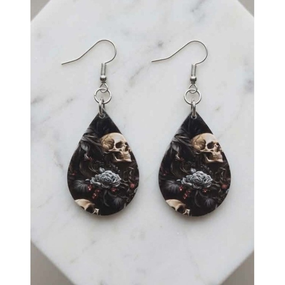 Handmade Earrings Goth Textured Teardrop Silver Tone Skull Rose #Jewelry